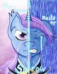  azure_night blue_fur cardstock english_text equine facial_hair feral friendship_is_magic fur hair horn horse looking_at_viewer male mammal my_little_pony pony purple_eyes purple_hair solo text the1king unicorn 