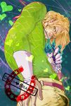  bad_id bad_pixiv_id blonde_hair character_name diego_brando ganbaru_(woainini) gloves green_eyes green_shirt heart highres horseshoe jojo_no_kimyou_na_bouken looking_at_viewer male_focus riding_crop shirt smile solo star steel_ball_run sweater turtleneck 