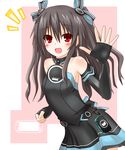  :d bare_shoulders blush brown_hair elbow_gloves fingerless_gloves gloves hair_ornament handheld_game_console langley1000 neptune_(series) open_mouth playstation_vita red_eyes smile solo two_side_up uni_(choujigen_game_neptune) waving 