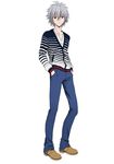  1boy androgynous bishounen boots cardigan denim evangelion:_3.0_you_can_(not)_redo gainax gray_hair grey_hair jeans nagisa_kaworu neon_genesis_evangelion official_art pants rebuild_of_evangelion red_eyes solo 