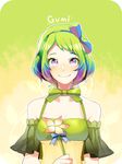  1girl alternate_hair_length alternate_hairstyle bad_id bad_pixiv_id bangs bare_shoulders blush bow breasts character_name cleavage collarbone eyelashes flower green_hair gumi hair_bow hair_ornament holding iso1206 medium_breasts multicolored_hair parted_bangs ribbon see-through short_hair sidelocks smile solo vocaloid 