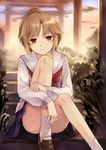  brown_eyes brown_hair convenient_leg hanasaku_iroha highres kyuri loafers matsumae_satsuki ponytail school_uniform serafuku shoes sitting skirt socks solo white_legwear younger 