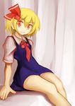  blonde_hair blush bow hair_bow highres red_eyes rumia short_hair solo touhou usiedo_akatuki 