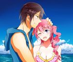  1boy 1girl bikini_top blue_eyes blush breasts brown_hair cleavage final_fantasy final_fantasy_xiii final_fantasy_xiii-2 hand_on_head hiyo_(un_pulcino) hood long_hair noel_kreiss ocean open_mouth pink_hair serah_farron side_ponytail sky smile swimsuit wink 