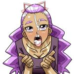  1girl blush breasts collarbone cum cum_in_mouth cum_on_tongue dark_skin eyebrows eyelashes facial female hair_ribbon large_breasts long_hair long_sleeves looking_at_viewer looking_up open_mouth precure purple_eyes purple_hair ribbon simple_background solo tan tanline teeth thick_eyebrows tongue tongue_out uvula very_long_hair wavy_hair white_background 