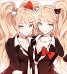  bad_id bad_pixiv_id blue_eyes danganronpa danganronpa_1 enoshima_junko freckles hair_ornament ikusaba_mukuro long_hair lowres mery_(apfl0515) multiple_girls necktie pink_hair ribbon siblings sisters sleeves_rolled_up smile spoilers twins twintails 