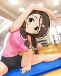  akanishi_erika artist_request braid breasts brown_hair cleavage clothes_writing english flower green_eyes gym gym_uniform hair_flower hair_ornament idolmaster idolmaster_cinderella_girls jpeg_artifacts large_breasts looking_at_viewer official_art shorts smile stretch twin_braids 