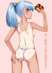  ass back bad_id bad_pixiv_id blue_hair blush body_writing breasts brown_eyes ears english fundoshi gift hair_ornament japanese_clothes kanzaki_muyu long_hair looking_back medium_breasts original ponytail sideboob skull_hair_ornament solo tan tanline topless translated valentine 