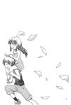  1girl carrying comic dobato doujinshi furude_rika greyscale happy higurashi_no_naku_koro_ni maebara_keiichi monochrome paper running shoulder_carry smile throwing 