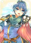  :d belt blue_eyes blue_hair blush breastplate buckle cape fingerless_gloves fire_emblem fire_emblem:_monshou_no_nazo gloves highres looking_at_viewer male_focus marth open_mouth reaching_out smile solo upper_body 