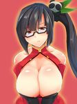  :&lt; bare_shoulders black_background black_bra black_eyes black_hair blazblue bra breasts brll bursting_breasts chinese_clothes cleavage cleavage_cutout glasses highres huge_breasts lao_jiu leaning_forward litchi_faye_ling long_hair looking_at_viewer open_clothes ponytail pout red_background shiny shiny_skin solo underwear 