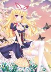 alternate_costume blonde_hair blush breasts bug butterfly cherry_blossoms cleavage cloud dress fan folding_fan fred0092 hat highres insect long_hair looking_at_viewer medium_breasts red_eyes ribbon sitting sky smile solo thighhighs touhou white_legwear wrist_cuffs yakumo_yukari 