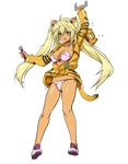  animal_ears arm_up bikini blonde_hair breasts brown_eyes choker cleavage fang jacket long_hair medium_breasts microphone no_pants original q_azieru shoes side-tie_bikini solo striped striped_bikini swimsuit tail tan tiger_ears tiger_tail twintails 