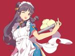  ;d apron bangs baozi cat_hair_ornament china_dress chinese_clothes double_bun dress food frilled_apron frills hair_ornament long_hair maid_headdress middle_finger one_eye_closed open_mouth purple_hair ranma_1/2 red_background red_eyes ro_dai shampoo_(ranma_1/2) side_slit sidelocks smile solo tray waitress 