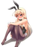  ahoge animal_ears bare_shoulders black_legwear blonde_hair blush bow bowtie breasts bunny_ears bunny_tail bunnysuit detached_collar fake_animal_ears flying_sweatdrops hanna-justina_marseille large_breasts leotard long_hair no_shoes pantyhose purple_eyes sitting solo strike_witches surume_(clavis) tail world_witches_series 