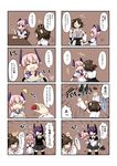  &gt;_&lt; 0_0 3girls 4koma bandages braid brown_hair cake carrying closed_eyes comic crying detached_sleeves dress eyepatch food fork fruit hair_ribbon headgear heart hiei_(kantai_collection) highres injury japanese_clothes kantai_collection multiple_girls nenohi_(kantai_collection) nontraditional_miko one_eye_closed pink_hair princess_carry purple_eyes purple_hair ribbon rokunen sailor_dress short_hair strawberry tears tenryuu_(kantai_collection) thighhighs translated wide_sleeves 