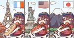  american_flag baguette blue_hair blue_sky bread california_roll closed_eyes cloud day drooling eiffel_tower food french_flag hat japanese_flag landmark miyako_yoshika monomi mount_fuji ofuda open_mouth sky solo star statue_of_liberty sushi touhou 