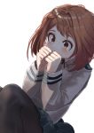  1girl black_legwear black_skirt blush boku_no_hero_academia brown_eyes brown_hair clenched_hands commentary_request covering_mouth dot_nose feet_out_of_frame grey_jacket hand_to_own_mouth jacket leggings long-sleeves looking_at_viewer open_eyes pleated_skirt red_neckwear school_uniform short_hair simple_background skirt solo uraraka_ochako white_background zd_(pixiv6210083) 