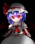  ascot bad_id bad_pixiv_id bat_wings black_background blood blood_on_face blouse blue_hair bow collared_shirt cowboy_shot dress fang frilled_dress frilled_hat frilled_shirt frilled_sleeves frills glowing glowing_eyes hair_between_eyes hat hat_bow hat_ribbon highres large_bow looking_at_viewer mob_cap puffy_sleeves red_eyes remilia_scarlet ribbon shadow shirona_(amenomurakumo26) shirt short_sleeves simple_background skirt skirt_set smile solo touhou wings wrist_cuffs 