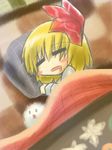  =_= blanket blonde_hair blush_stickers commentary_request drooling goma_(gomasamune) hair_ribbon kedama open_mouth pillow ribbon rumia short_hair sleeping solo_focus touhou 