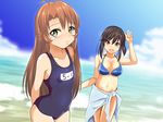  antenna_hair beach bikini black_hair blue_sarong blush breasts brown_eyes brown_hair cleavage day flat_chest green_eyes ichijou_hotaru koshigaya_komari kurorettsu long_hair looking_at_viewer multiple_girls navel non_non_biyori o-ring o-ring_top ocean one-piece_swimsuit open_mouth outdoors sarong school_swimsuit shiny shiny_skin side_ponytail swimsuit water 