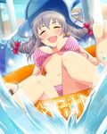  :d ^_^ barefoot bikini blush bracelet braid breasts closed_eyes grey_hair idolmaster idolmaster_cinderella_girls innertube jewelry large_breasts long_hair navel necklace official_art open_mouth sakakibara_satomi sitting smile solo star striped striped_bikini swimsuit twin_braids underboob untied wardrobe_malfunction water water_slide 