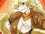  1girl ashcape blonde_hair body_writing breasts cleavage english highres large_breasts pixiv_manga_sample resized rwby smile yang_xiao_long 