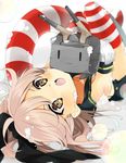  :3 cream gloves hanata highres kantai_collection long_hair lying open_mouth pink_hair rensouhou-chan shimakaze_(kantai_collection) striped striped_legwear thighhighs 