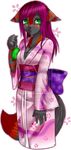  blush cleavage female green_eyes hair japanese_clothing kimono purple_hair snowmishibari 