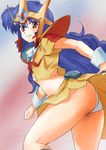  blue_hair fandora haruyama_kazunori long_hair looking_at_viewer midriff mujigen_hunter_fandora panties pauldrons red_eyes solo underwear white_panties wrist_cuffs 