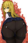  ass black_legwear blonde_hair blush green_eyes highres isshiki_(ffmania7) leaning_forward long_hair looking_at_viewer looking_back open_mouth original panties panties_under_pantyhose pantyhose pantyshot school_uniform skirt solo thighband_pantyhose underwear 