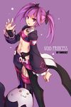  :3 aisha_(elsword) angkor_(elsword) artist_name bad_id bad_pixiv_id bandeau character_name creature cross elsword highres long_hair looking_at_viewer navel purple purple_background purple_eyes purple_hair purple_skirt purple_sleeves skirt smile solo swd3e2 thighhighs twintails void_princess_(elsword) 
