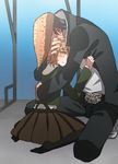  asuku_(69-1-31) bad_id bad_pixiv_id blush brown_eyes brown_hair danganronpa danganronpa_1 fujisaki_chihiro hug long_hair male_focus multiple_boys oowada_mondo otoko_no_ko skirt 