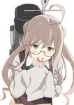 ahoge blush brown_hair cum cum_in_mouth cum_on_tongue glasses kantai_collection long_hair looking_at_viewer makigumo_(kantai_collection) ningen_(ningen96) open_mouth oversized_clothes school_uniform sleeves_past_fingers sleeves_past_wrists solo tongue yellow_eyes 