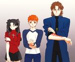  2boys bad_id bad_pixiv_id black_hair brown_hair command_spell cross cross_necklace emiya_shirou fate/stay_night fate_(series) jewelry kotomine_kirei long_hair multiple_boys necklace orange_eyes orange_hair taa_(acid) toosaka_rin two_side_up 