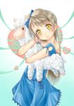  alpaca bare_shoulders blue_dress blush bow brown_hair doll_hug dress hair_bow heart highres hug lips long_hair love_live! love_live!_school_idol_project minami_kotori one_side_up ribbon shitou_(1992116210) smile solo stuffed_alpaca stuffed_animal stuffed_toy yellow_eyes 