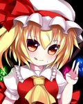  :q ascot bad_id bad_pixiv_id black_background blonde_hair blouse blush bow breasts collared_shirt flandre_scarlet frilled_hat frilled_shirt frills hair_between_eyes hat hat_bow hat_ribbon highres large_bow looking_at_viewer mob_cap puffy_sleeves red_eyes ribbon shirona_(amenomurakumo26) shirt short_sleeves side_ponytail simple_background small_breasts smile solo sweat tongue tongue_out touhou upper_body waving wings 