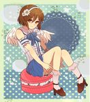  brown_eyes brown_hair flower hagiwara_yukiho hairband idolmaster idolmaster_(classic) ribbon rikka_(aitiperopero) short_hair sitting smile solo wings 