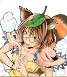  animal_ears breasts brown_hair cleavage futatsuiwa_mamizou glasses grey_eyes hands_together highres koji_(koji-a) leaf leaf_on_head looking_at_viewer looking_up medium_breasts raccoon_ears raccoon_tail shikishi smile tail tongue tongue_out touhou yellow yellow-framed_eyewear 