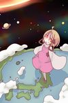  ahoge blonde_hair earth giantess hair_ribbon highres monomi moriya_suwako ribbon solo space touhou wide_sleeves yellow_eyes 