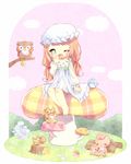  bad_id bad_pixiv_id barefoot bird blush bunny child green_eyes hat highres long_hair mob_cap mushroom nanomi nightgown one_eye_closed open_mouth orange_hair original owl pajamas sleepy solo squirrel twintails yawning 