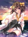  :d ahoge bare_shoulders black_eyes black_legwear blush boots breasts brown_hair detached_sleeves double_bun hair_ornament hairband headgear japanese_clothes kantai_collection kino_(kino_konomi) kongou_(kantai_collection) large_breasts long_hair miniskirt nipples nontraditional_miko open_mouth panties pantyshot pantyshot_(sitting) sitting skirt smile solo sun sunlight sunset thigh_boots thighhighs torn_clothes underwear water wet white_panties wide_sleeves 