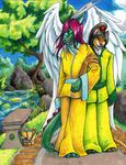  anthro asian ayame_emaya chinese_dragon couple cute dragon duo feathered feathered_wings feathers gay green_dragon hair happy holding long_ears long_hair looking_at_viewer love male oriental ryuki scalie smile whiskers wings zakkie_starres 