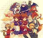  6+girls arle_nadja armor armored_dress blonde_hair blue_hair broom brown_eyes brown_hair cape capelet carbuncle_(puyopuyo) chiko_(puyopuyo) china_dress chinese_clothes clenched_hand closed_eyes creature doppelganger_arle draco_centauros dragon_tail dragon_wings dress everyone green_hair half_updo harpy_(puyopuyo) hat horns long_hair madou_monogatari mermaid monster_girl multiple_boys multiple_girls oto_(gapa742) pink_hair puyopuyo red_eyes rulue_(puyopuyo) satan_(puyopuyo) schezo_wegey seriri_(puyopuyo) short_hair skirt smile staff sword tail tribal weapon white_hair wings witch_(puyopuyo) 