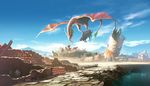  cow day dragon fantasy flying mocha_(cotton) nest no_humans original rubble ruins scenery sky water 