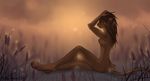  1980x1080 breasts brown_eyes brown_hair eliana-asato evening feline female field hair invalid_color lion long_hair mammal nature nude sitting small_breasts solo sun sunset wallpaper wheat 
