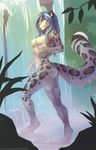  blue_eyes blue_hair breasts butt feline female fur grey_fur hair leopard long_hair looking_at_viewer mammal navel nude outside pink_nose plant side_view smile snow_leopard solo spots water waterfall wolfy-nail 