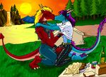  anthro avoid_posting belt blonde_hair blue_dragon blue_scales bread camp chryseus claws clothing dragon erection food fur gay grab grope hair horn jeans kissing leather love male max-dragon muscles pants passionate penis picnic purple_fur purple_hair red_dragon romantic scalie shirt sunset tree undressing waterfall whiskers 