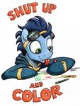  blue_hair crayon english_text equine eyewear feral friendship_is_magic goggles green_eyes hair horse male mammal mattings my_little_pony paper plain_background pony skinsuit soarin_(mlp) solo table text tongue tongue_out wonderbolts_(mlp) 