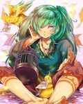  amazake_(c_kashi1010) bad_id bad_pixiv_id barefoot bird blue_eyes collar earrings green_eyes green_hair hatsune_miku jewelry long_hair multicolored multicolored_eyes pants parakeet sitting solo tattoo toenail_polish twintails very_long_hair vocaloid 